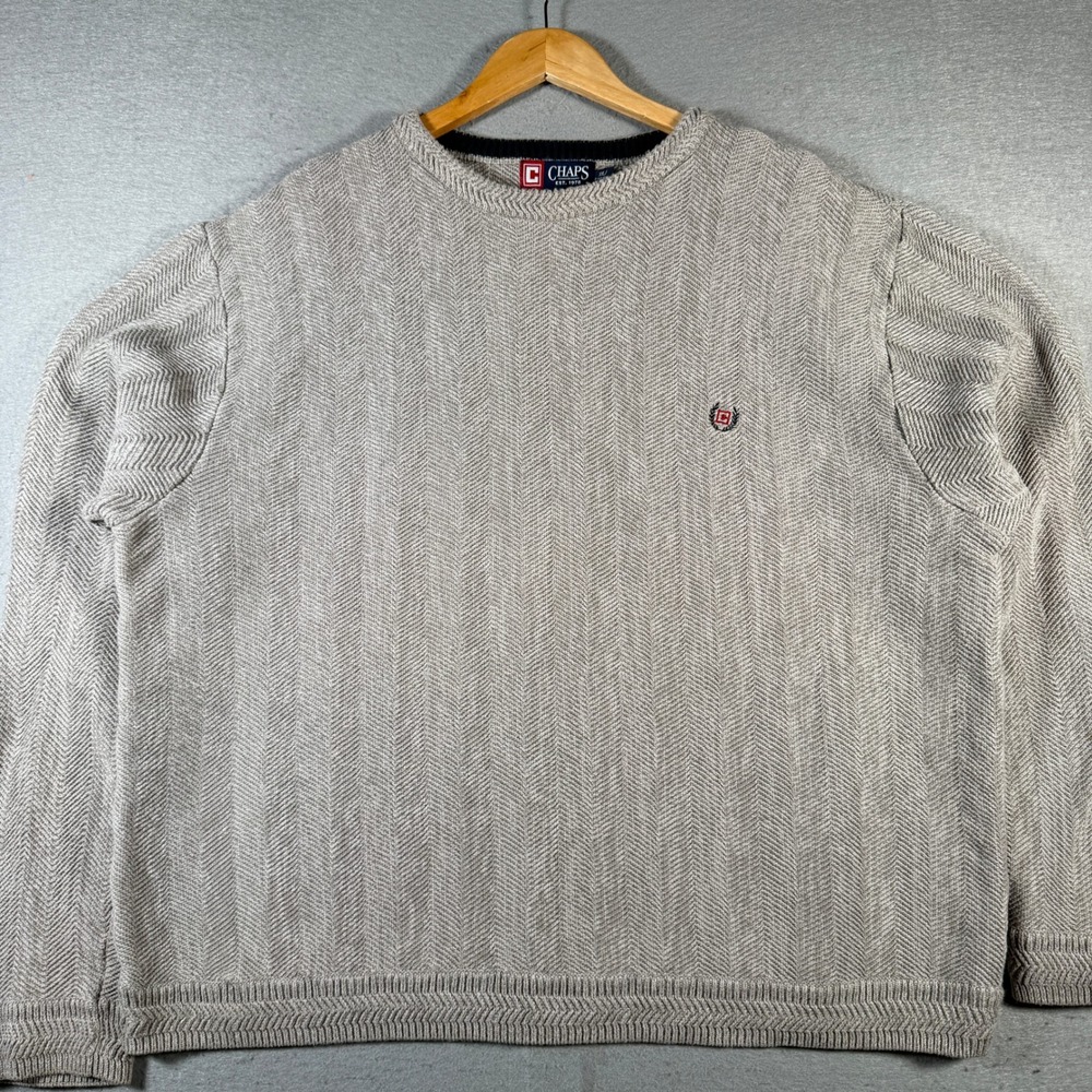 Vintage Chaps Mens‎ Sweater Herringbone Knit Pullover Beige Gray XXL